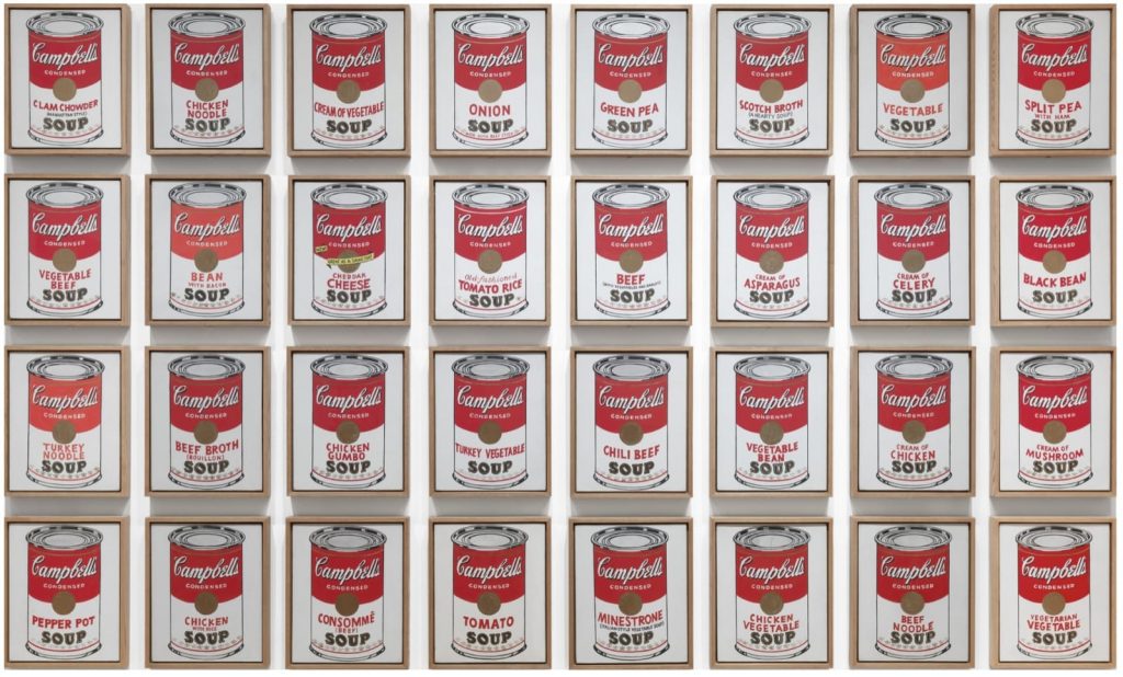 Campbell's Soup Cans, oeuvre d'Andy Warhol réalisée en 1962. 32 toiles représentent les 32 variétés de soupe en conserve de la marque Campbell’s Soup Company.