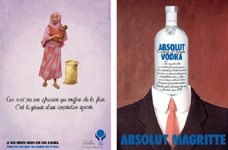 Campagne publicitaire du CCFD et d'Absolut Vodka, s'inspirant des oeuvres de Magritte.